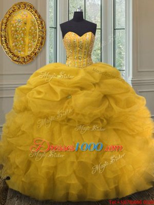 Charming Sweetheart Sleeveless Quince Ball Gowns Floor Length Beading and Ruffles and Pick Ups Gold Organza
