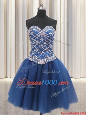 Three Piece Sequins Floor Length Ball Gowns Sleeveless Blue Quinceanera Gowns Lace Up
