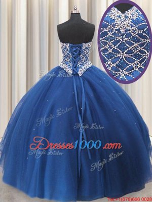 Three Piece Sequins Floor Length Ball Gowns Sleeveless Blue Quinceanera Gowns Lace Up
