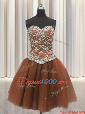 Beauteous Three Piece Brown Ball Gowns Sweetheart Sleeveless Tulle Floor Length Lace Up Beading and Sequins Sweet 16 Quinceanera Dress