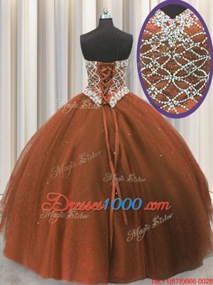Beauteous Three Piece Brown Ball Gowns Sweetheart Sleeveless Tulle Floor Length Lace Up Beading and Sequins Sweet 16 Quinceanera Dress