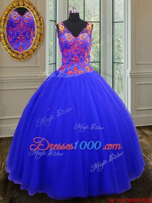 Royal Blue Tulle Zipper 15th Birthday Dress Sleeveless Floor Length Beading and Sequins