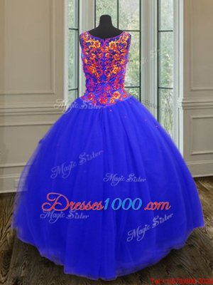 Royal Blue Tulle Zipper 15th Birthday Dress Sleeveless Floor Length Beading and Sequins