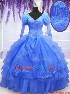 Most Popular Blue Lace Up One Shoulder Beading and Embroidery and Hand Made Flower Sweet 16 Quinceanera Dress Organza Long Sleeves