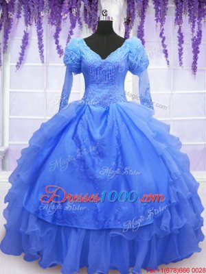 Most Popular Blue Lace Up One Shoulder Beading and Embroidery and Hand Made Flower Sweet 16 Quinceanera Dress Organza Long Sleeves