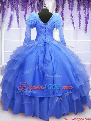 Most Popular Blue Lace Up One Shoulder Beading and Embroidery and Hand Made Flower Sweet 16 Quinceanera Dress Organza Long Sleeves