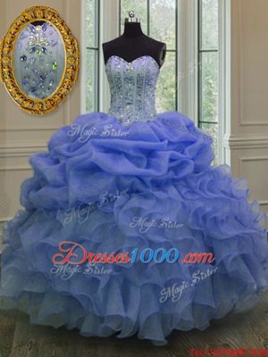 Blue Ball Gowns Organza Sweetheart Sleeveless Beading and Pick Ups Floor Length Lace Up Ball Gown Prom Dress