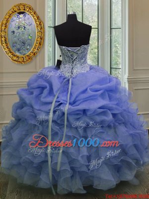 Blue Ball Gowns Organza Sweetheart Sleeveless Beading and Pick Ups Floor Length Lace Up Ball Gown Prom Dress