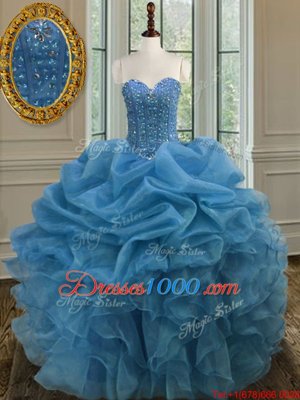 Luxury Blue Lace Up Quince Ball Gowns Beading and Ruffles Sleeveless Floor Length