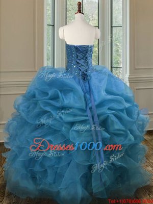 Luxury Blue Lace Up Quince Ball Gowns Beading and Ruffles Sleeveless Floor Length