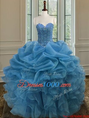 Luxury Blue Lace Up Quince Ball Gowns Beading and Ruffles Sleeveless Floor Length