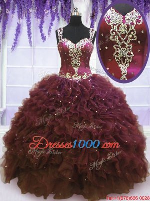 Great Straps Straps Burgundy Zipper Ball Gown Prom Dress Beading and Ruffles Sleeveless Floor Length