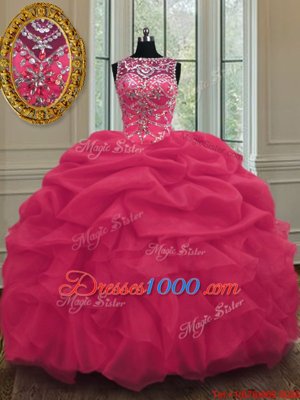 Scoop Coral Red Sleeveless Beading and Pick Ups Floor Length 15th Birthday Dress