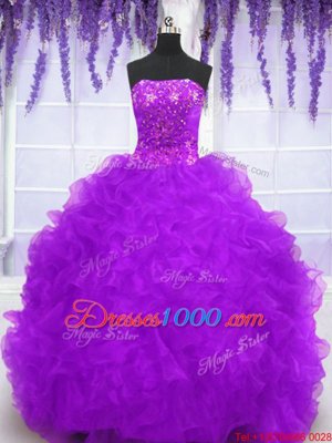 Eggplant Purple Ball Gowns Organza Strapless Sleeveless Beading and Appliques and Ruffles With Train Lace Up 15th Birthday Dress Brush Train