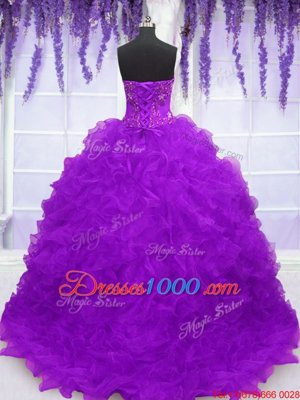 Eggplant Purple Ball Gowns Organza Strapless Sleeveless Beading and Appliques and Ruffles With Train Lace Up 15th Birthday Dress Brush Train