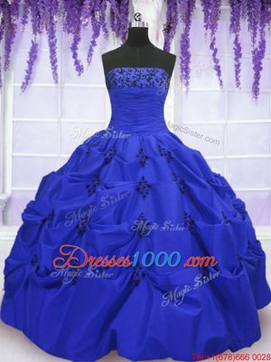 Floor Length Lace Up Quinceanera Gowns Royal Blue and In for Military Ball and Sweet 16 and Quinceanera with Embroidery and Pick Ups