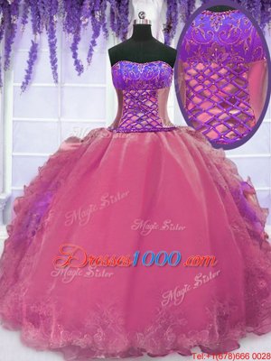 Hot Pink Lace Up Strapless Embroidery and Ruffles Sweet 16 Dress Organza Sleeveless