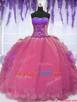 Hot Pink Lace Up Strapless Embroidery and Ruffles Sweet 16 Dress Organza Sleeveless