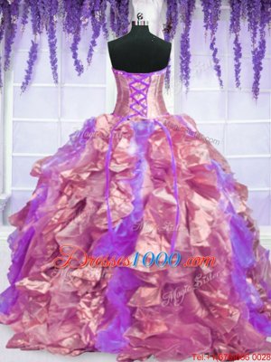 Hot Pink Lace Up Strapless Embroidery and Ruffles Sweet 16 Dress Organza Sleeveless