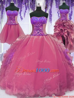 Four Piece Floor Length Lace Up Quince Ball Gowns Pink and In for Military Ball and Sweet 16 and Quinceanera with Embroidery and Ruffles