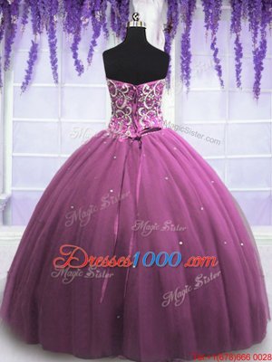 Lilac Lace Up Quinceanera Gowns Beading Sleeveless Floor Length