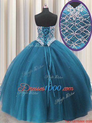 Sweetheart Sleeveless Quinceanera Gown Floor Length Beading and Sequins Teal Tulle