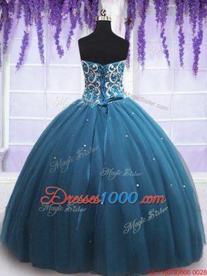 Elegant Sleeveless Floor Length Beading and Appliques Lace Up Ball Gown Prom Dress with Teal