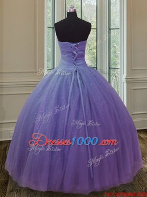 Lavender Sleeveless Tulle and Sequined Lace Up 15 Quinceanera Dress for Military Ball and Sweet 16