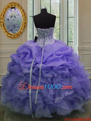 Fantastic Lavender Sleeveless Floor Length Beading and Ruffles and Pick Ups Lace Up Quinceanera Gown