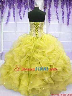 Luxurious Floor Length Ball Gowns Sleeveless Yellow Sweet 16 Dress Lace Up