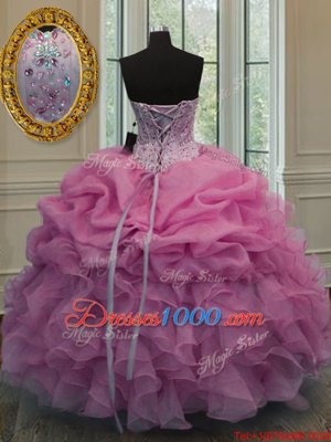 Rose Pink Lace Up Quinceanera Gowns Beading and Ruffles and Pick Ups Sleeveless Floor Length