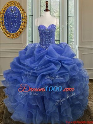 Gorgeous Floor Length Lace Up Sweet 16 Quinceanera Dress Blue and In for Military Ball and Sweet 16 and Quinceanera with Beading and Ruffles