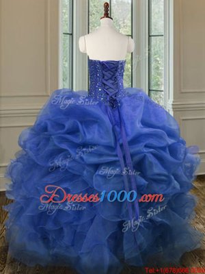 Gorgeous Floor Length Lace Up Sweet 16 Quinceanera Dress Blue and In for Military Ball and Sweet 16 and Quinceanera with Beading and Ruffles