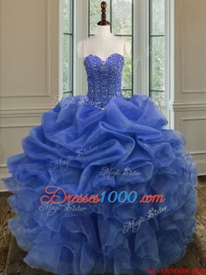 Gorgeous Floor Length Lace Up Sweet 16 Quinceanera Dress Blue and In for Military Ball and Sweet 16 and Quinceanera with Beading and Ruffles