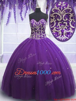 Eggplant Purple Tulle Lace Up Sweetheart Sleeveless Floor Length Ball Gown Prom Dress Beading