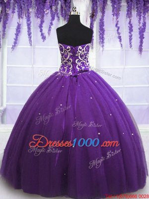 Eggplant Purple Tulle Lace Up Sweetheart Sleeveless Floor Length Ball Gown Prom Dress Beading