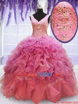 Beautiful Floor Length Lace Up Vestidos de Quinceanera Pink and In for Prom and Military Ball and Sweet 16 and Quinceanera with Beading and Embroidery and Ruffles