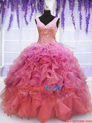 Beautiful Floor Length Lace Up Vestidos de Quinceanera Pink and In for Prom and Military Ball and Sweet 16 and Quinceanera with Beading and Embroidery and Ruffles