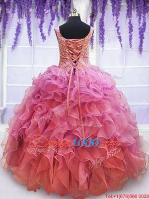 Beautiful Floor Length Lace Up Vestidos de Quinceanera Pink and In for Prom and Military Ball and Sweet 16 and Quinceanera with Beading and Embroidery and Ruffles