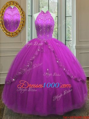 Fuchsia Ball Gowns Beading and Appliques Quinceanera Gown Lace Up Tulle Sleeveless Floor Length