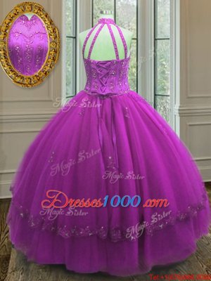 Fuchsia Ball Gowns Beading and Appliques Quinceanera Gown Lace Up Tulle Sleeveless Floor Length