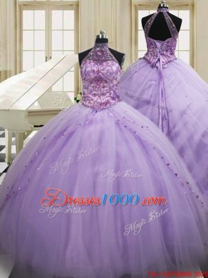 Sumptuous Three Piece Halter Top Lavender Lace Up Sweet 16 Dresses Sequins Sleeveless Brush Train