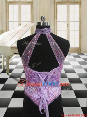 Sumptuous Three Piece Halter Top Lavender Lace Up Sweet 16 Dresses Sequins Sleeveless Brush Train