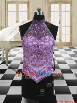Sumptuous Three Piece Halter Top Lavender Lace Up Sweet 16 Dresses Sequins Sleeveless Brush Train
