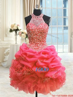 Three Piece Red Organza Lace Up Sweet 16 Dress Sleeveless Floor Length Beading and Pick Ups