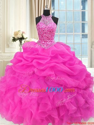 Sexy Hot Pink Sleeveless Beading and Pick Ups Floor Length 15 Quinceanera Dress