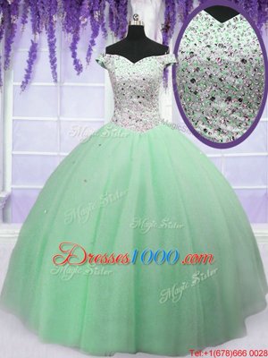 Apple Green Ball Gowns Off The Shoulder Sleeveless Tulle Floor Length Lace Up Beading 15th Birthday Dress