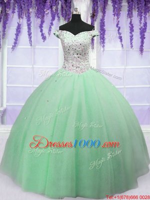 Apple Green Ball Gowns Off The Shoulder Sleeveless Tulle Floor Length Lace Up Beading 15th Birthday Dress