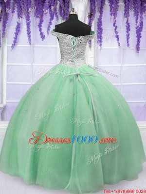 Apple Green Ball Gowns Off The Shoulder Sleeveless Tulle Floor Length Lace Up Beading 15th Birthday Dress