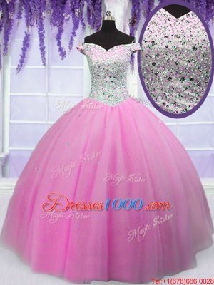Off the Shoulder Short Sleeves Floor Length Lace Up Vestidos de Quinceanera Hot Pink and In for Military Ball and Sweet 16 and Quinceanera with Beading